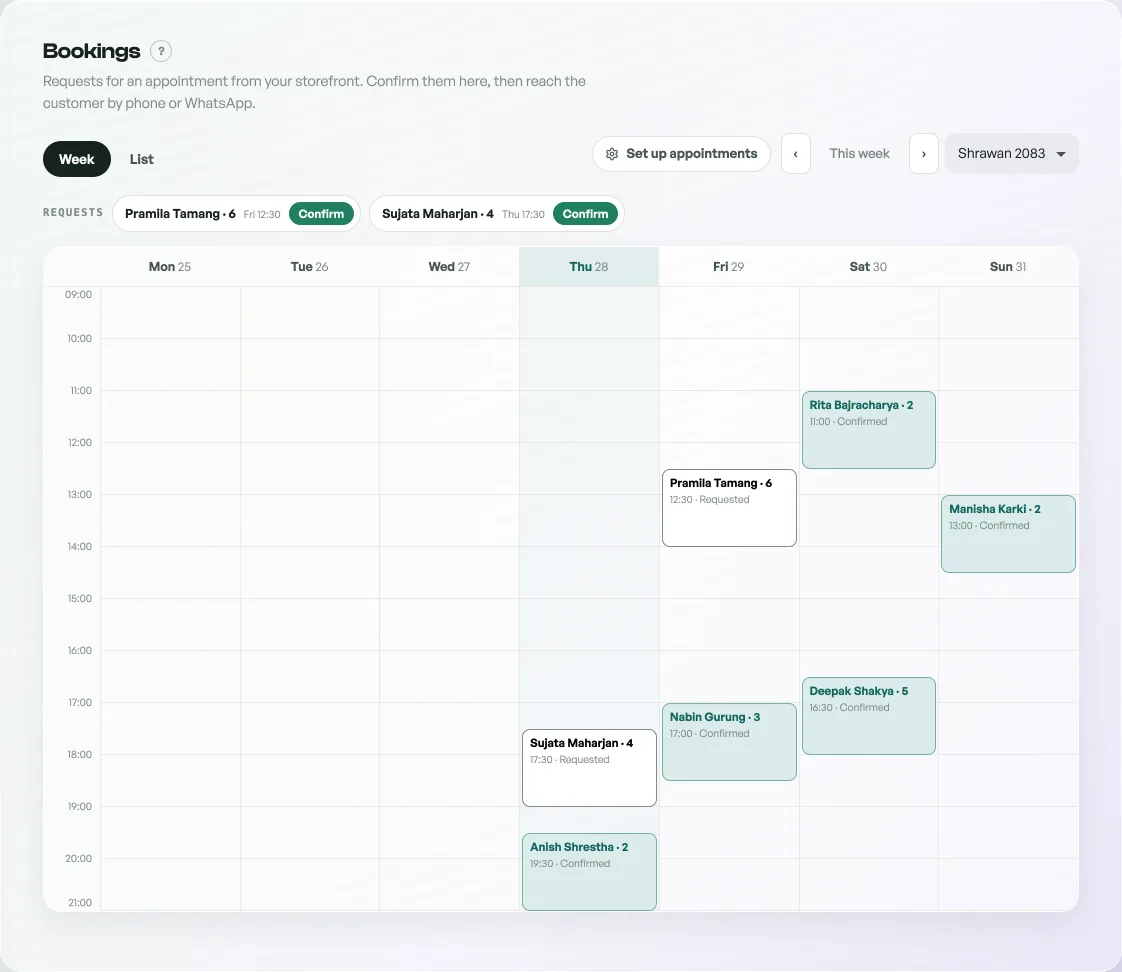 A week view of the bookings diary in Pasal. Two requests wait at the top with confirm buttons beside them. In the grid, confirmed appointments are filled in green and requested ones sit in plain outlines, each showing the customer name, the party size and the time.