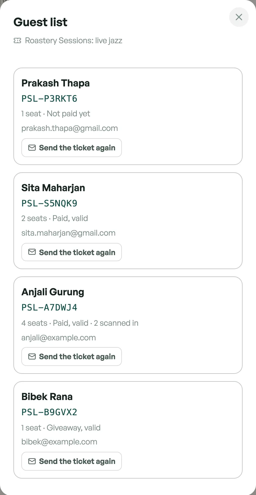 The guest list for an event in Pasal. Four ticket holders, each with their ticket code, how many seats they hold and whether they have paid: one not paid yet, one paid and valid, one paid with two of four seats already scanned in, and one giveaway ticket. Each has a button to send the ticket again.