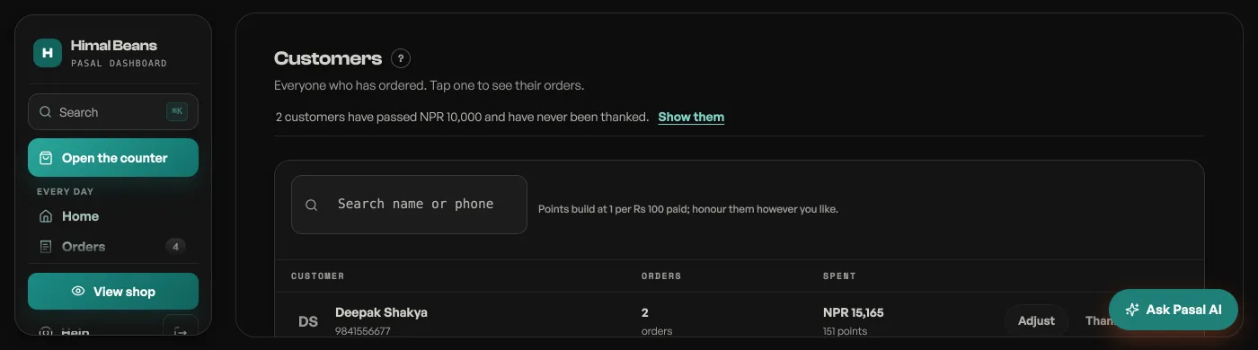 The Customers tab listing repeat customers