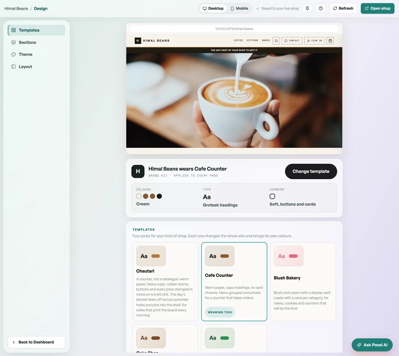 The Design tab with template cards and the live preview