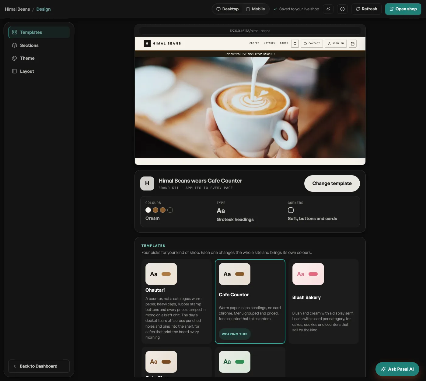 The Design tab with template cards and the live preview
