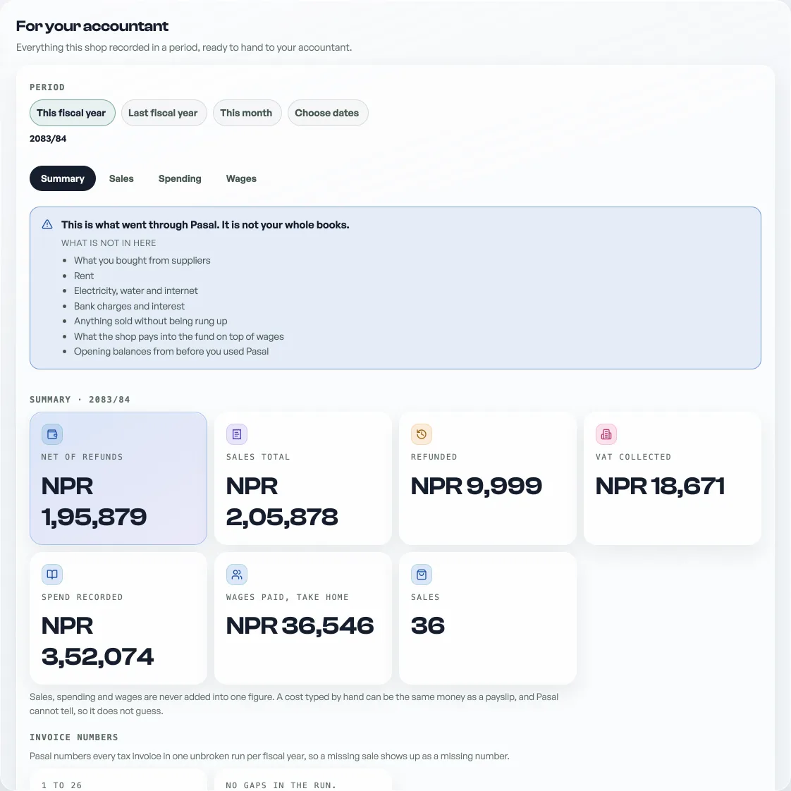 For your accountant: the period picker, four panes, the warning block and the summary tiles