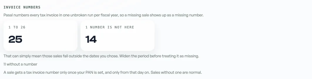 The invoice number check, showing the range, how many numbers are present, and how many are not