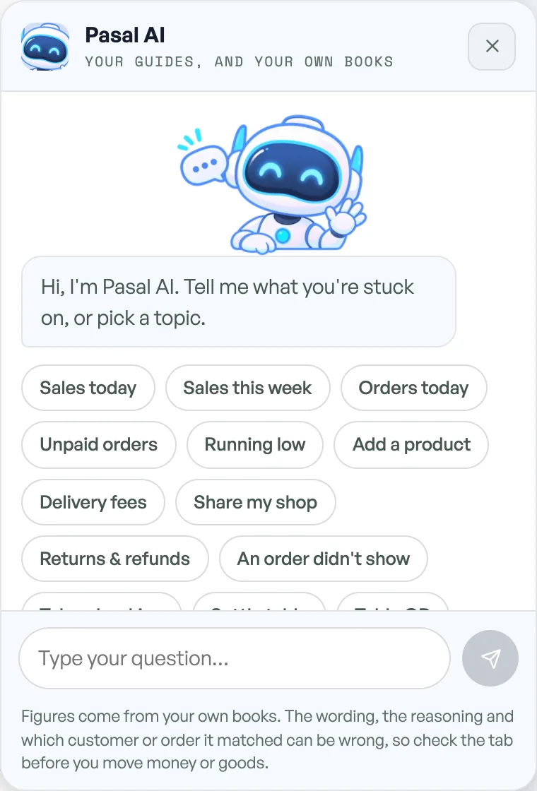 The Pasal AI chat panel with a greeting and topic buttons like Sales today and Unpaid orders