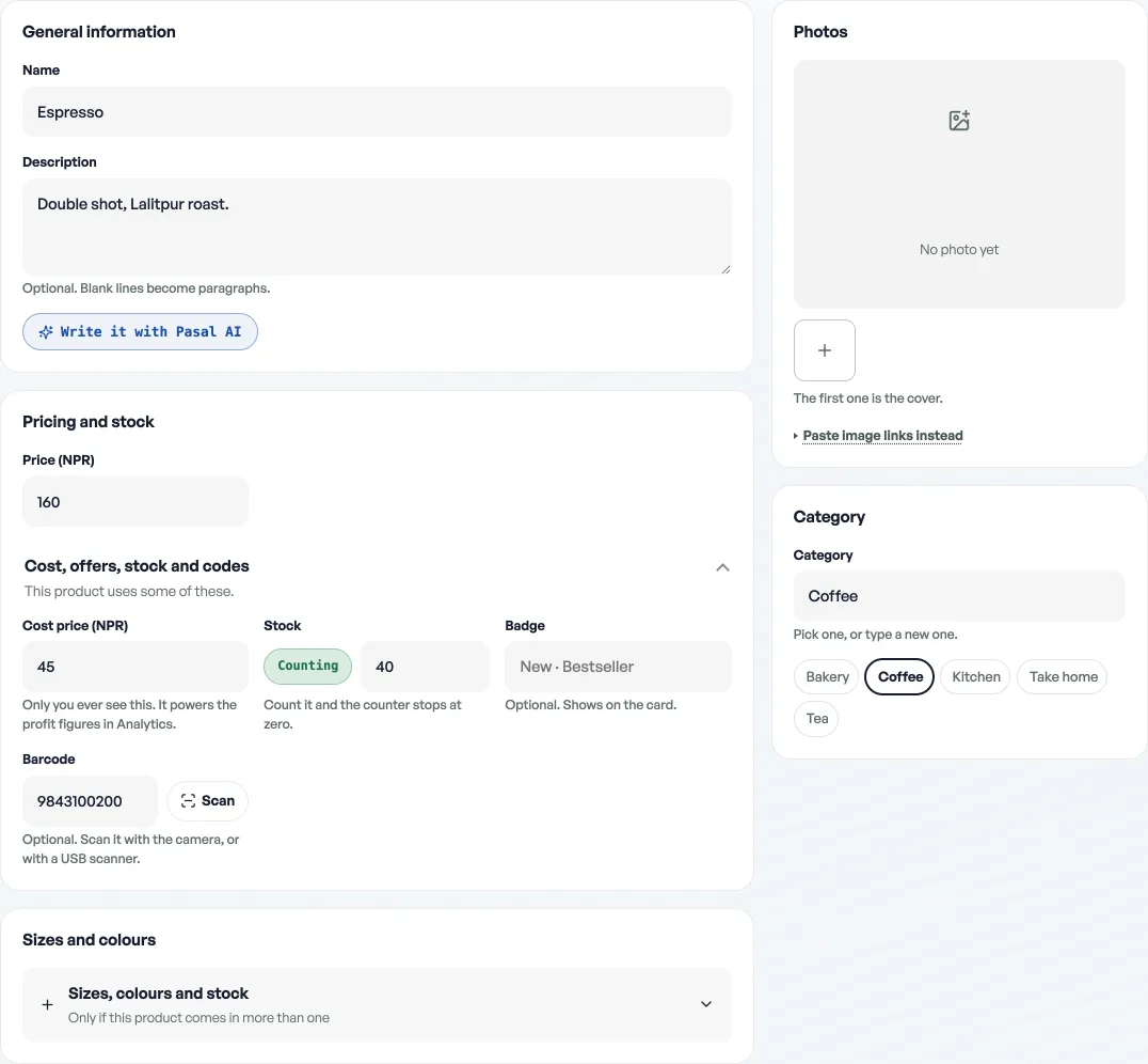 The product editor with a Write it with Pasal AI button under the description box