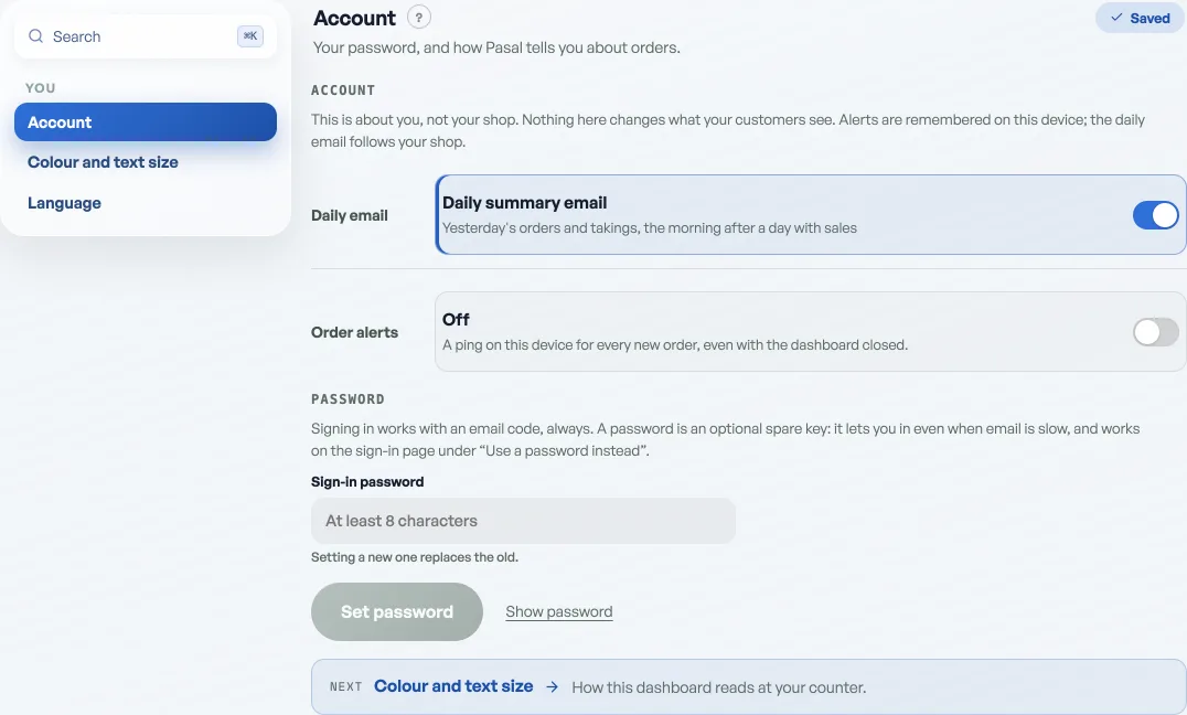 Settings, Account: the daily email and order alert rows, and under them a Sign-in password box reading At least 8 characters with Set password and Show password beneath it