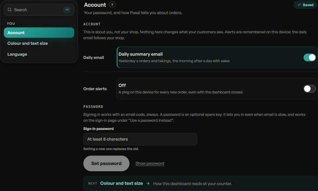 Settings, Account: the daily email and order alert rows, and under them a Sign-in password box reading At least 8 characters with Set password and Show password beneath it