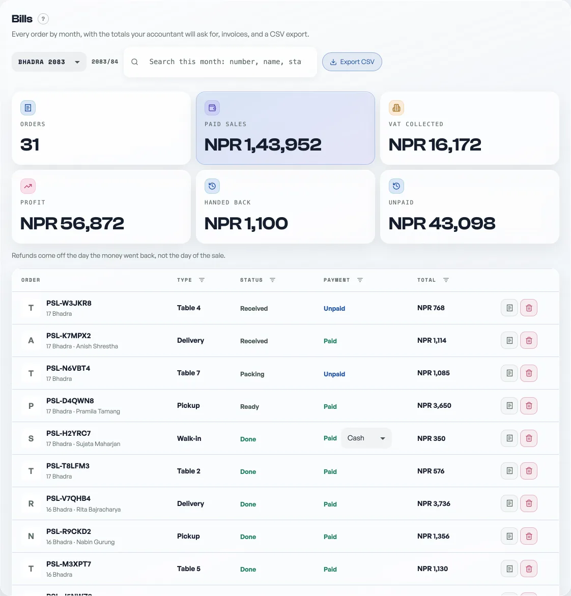 The Bills tab with the Shrawan 2083 month picker, its totals and the month's orders, paid ones badged green