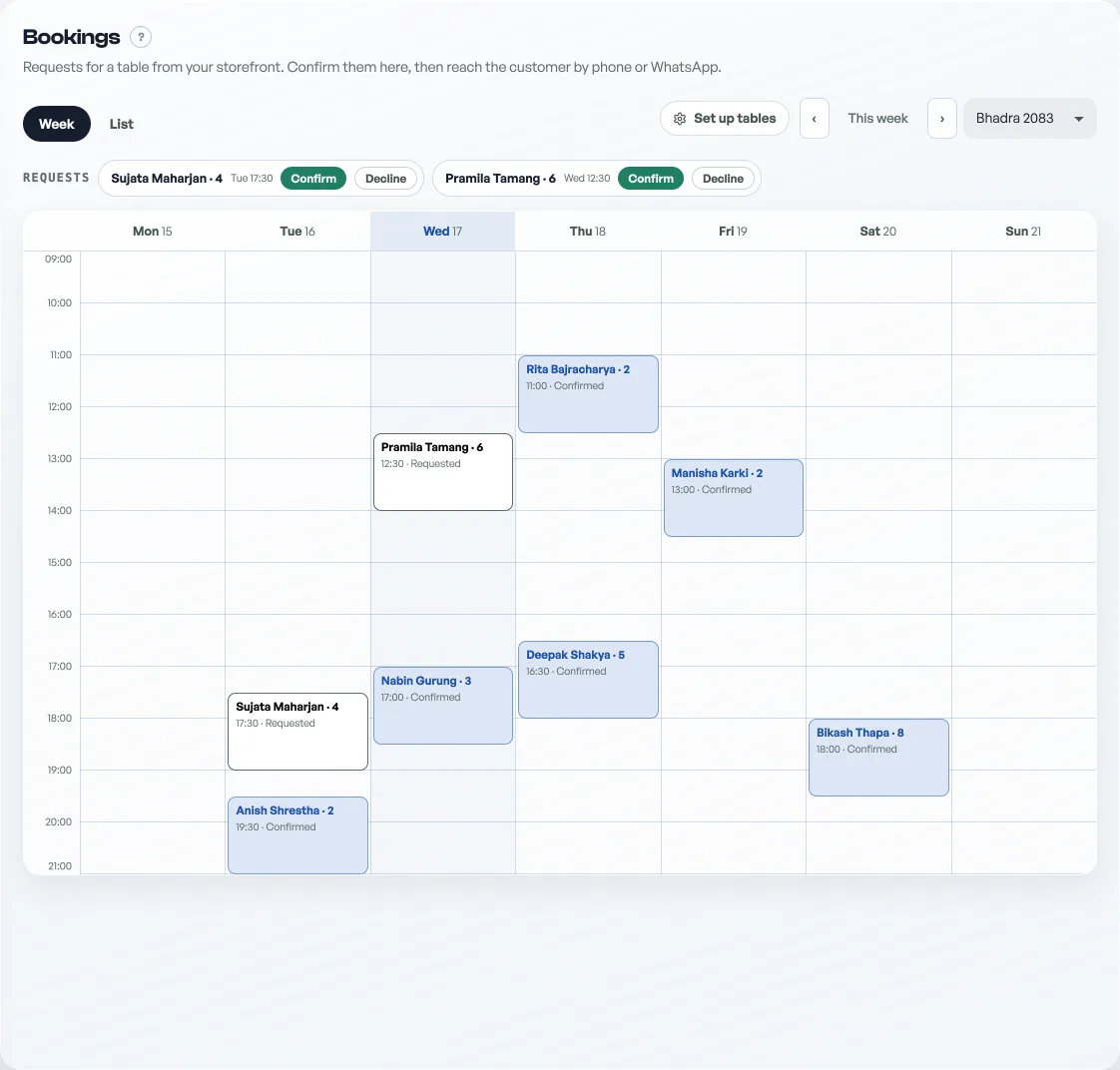 The Bookings tab: pending requests with Confirm buttons above a week calendar of bookings