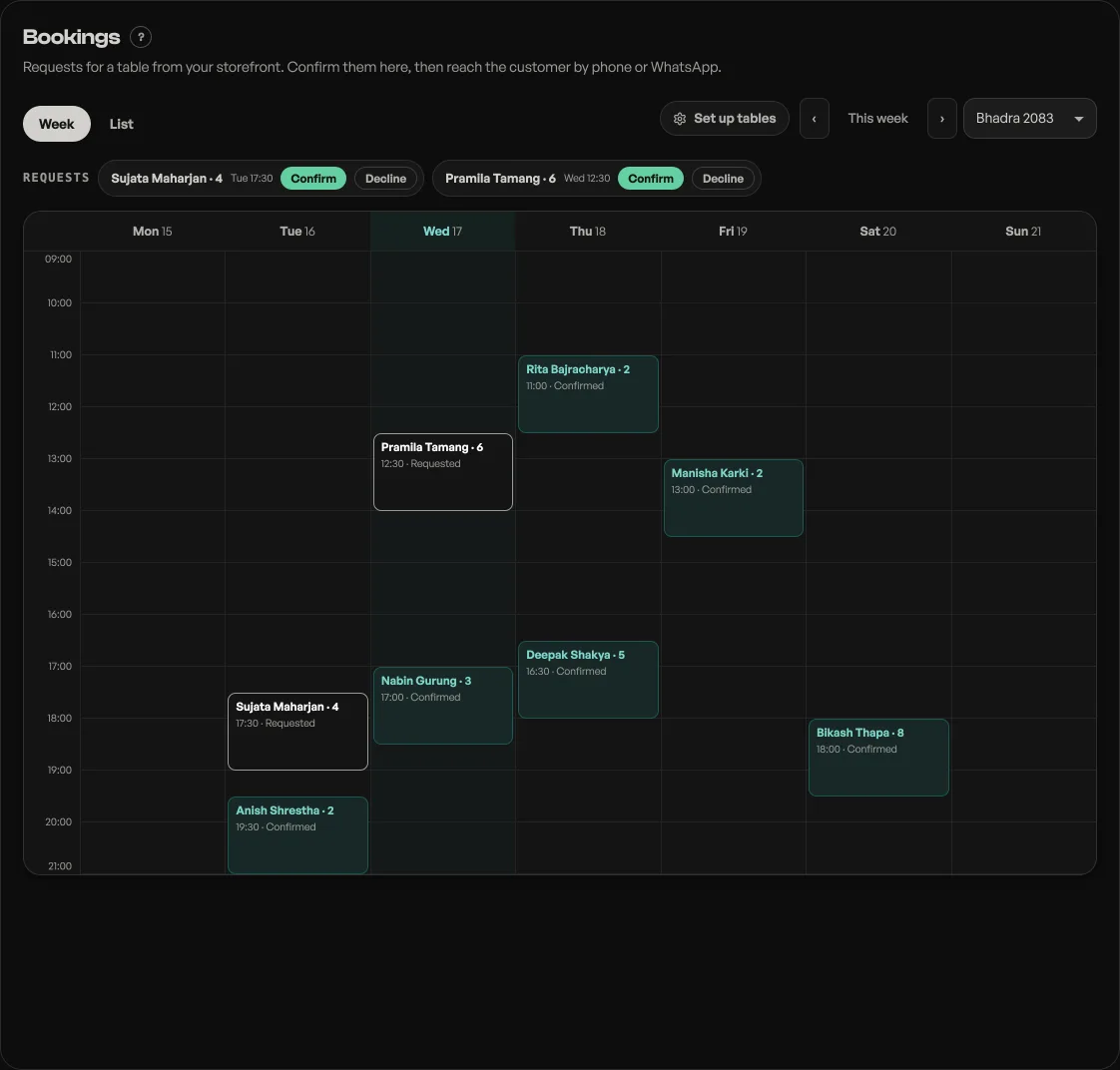 The Bookings tab: pending requests with Confirm buttons above a week calendar of bookings