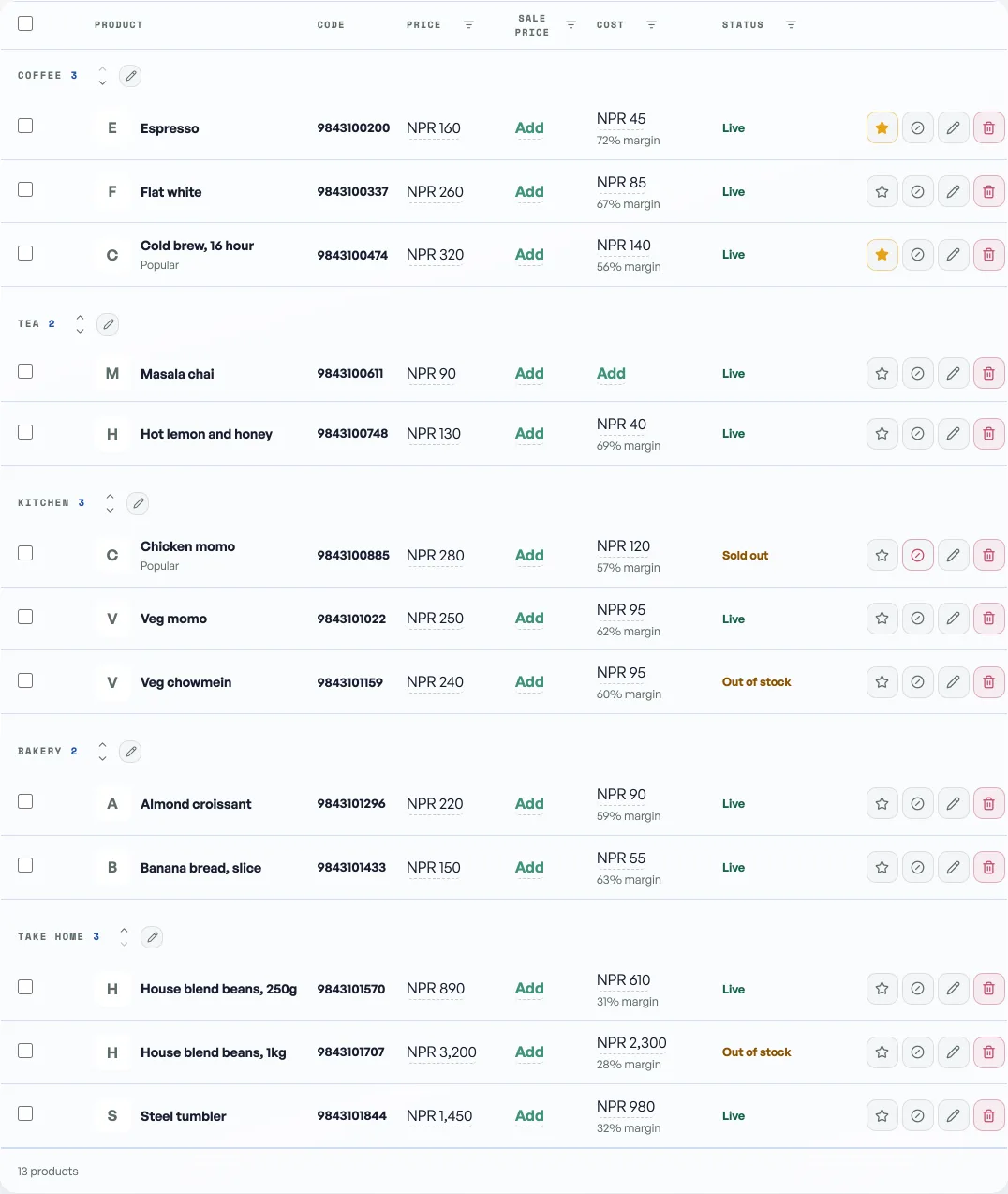 The Products tab with a Cost column: each product shows its cost price and the margin percentage under it