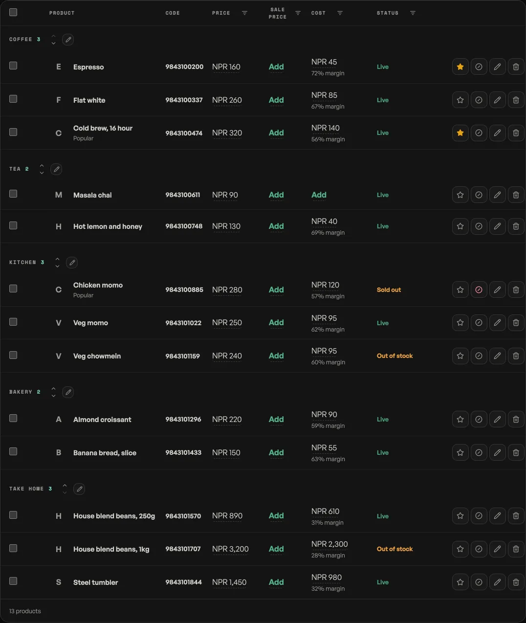 The Products tab with a Cost column: each product shows its cost price and the margin percentage under it