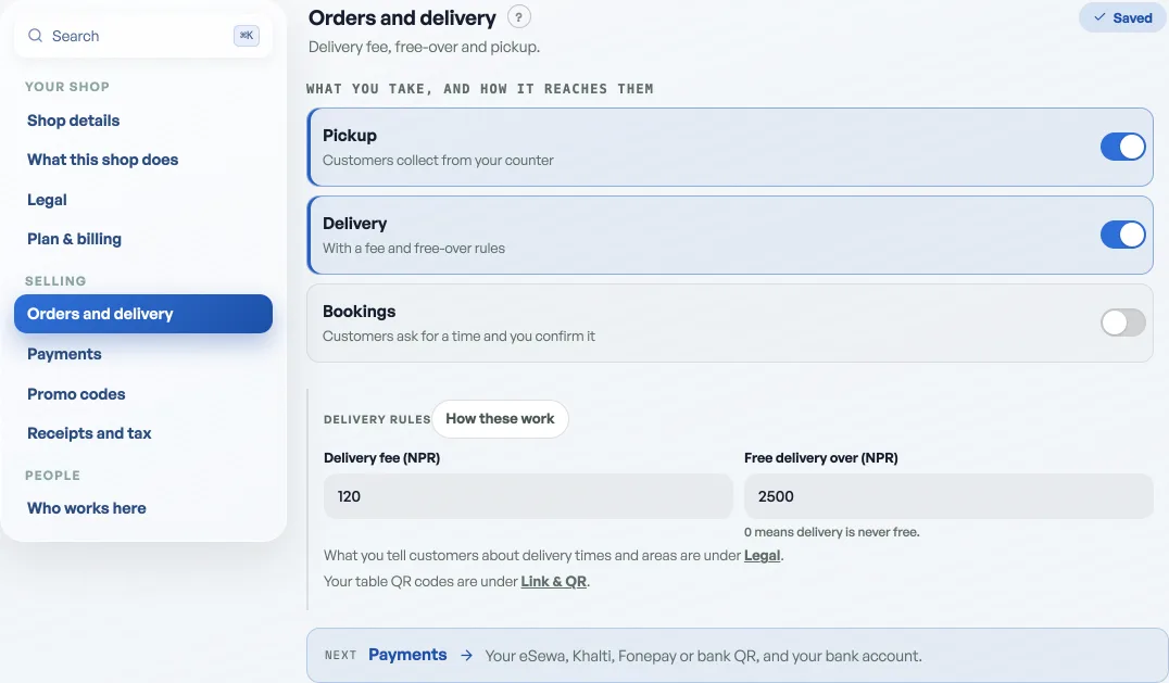 The Orders and delivery pane: pickup, delivery and bookings switches with the delivery fee and free-over fields