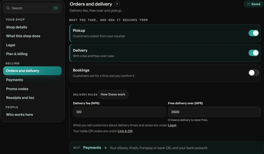 The Orders and delivery pane: pickup, delivery and bookings switches with the delivery fee and free-over fields