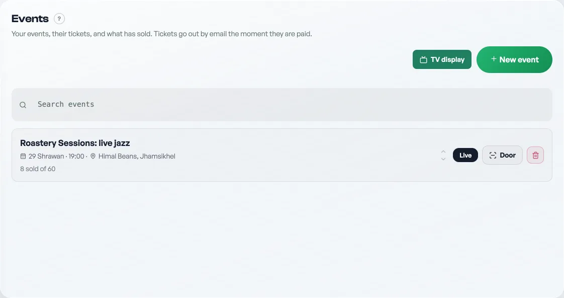 The Events tab listing live events with tickets sold