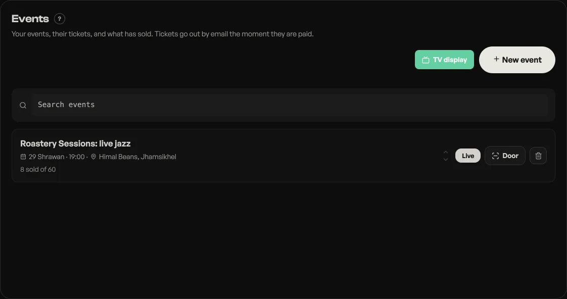 The Events tab listing live events with tickets sold