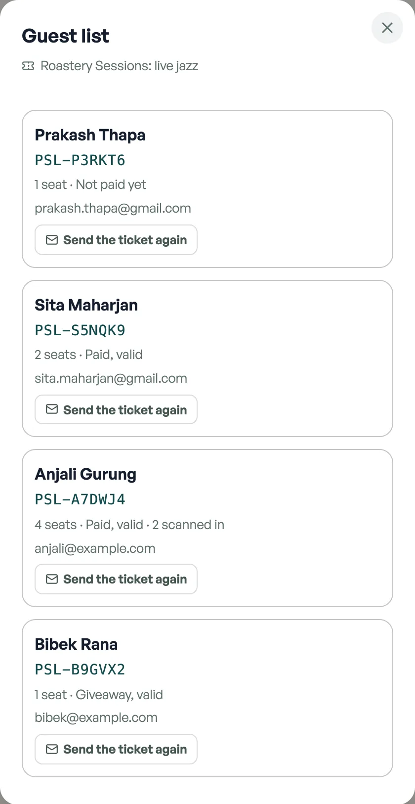 The guest list for an event, one row per booking with seats, standing, email and a Send the ticket again button