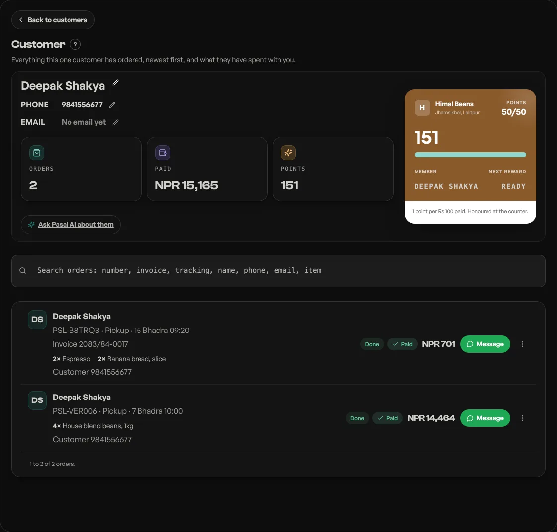 One customer's full order history with the totals and points banner above