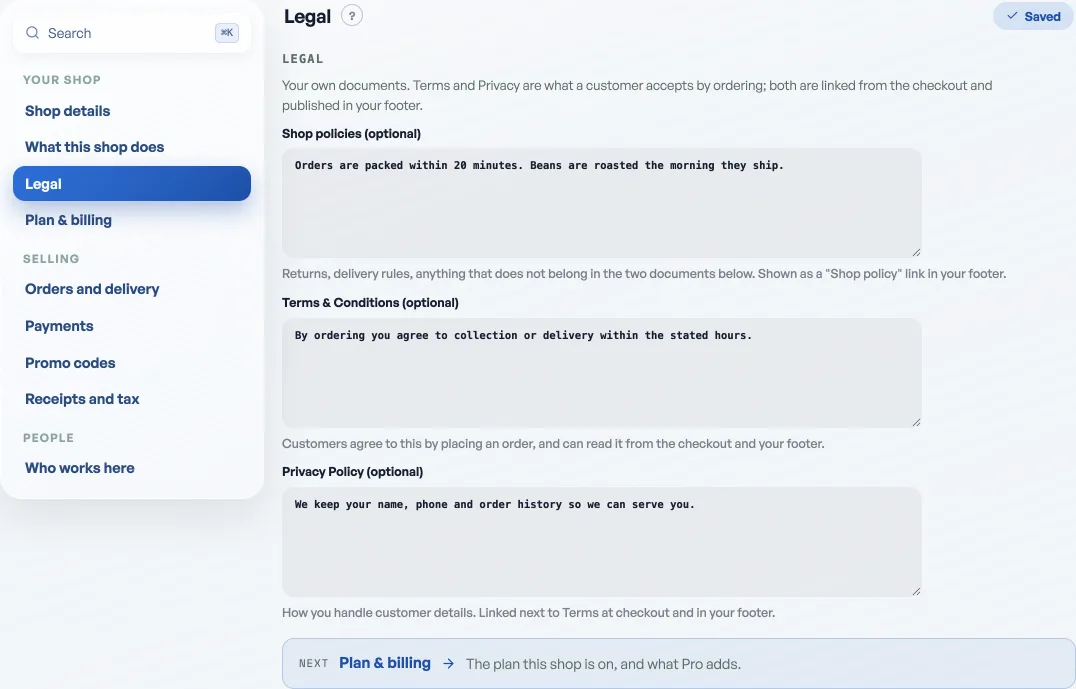 The Legal pane on Shop profile