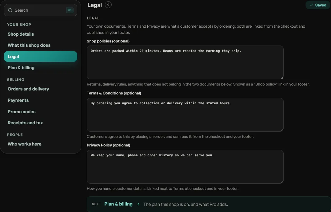 The Legal pane on Shop profile