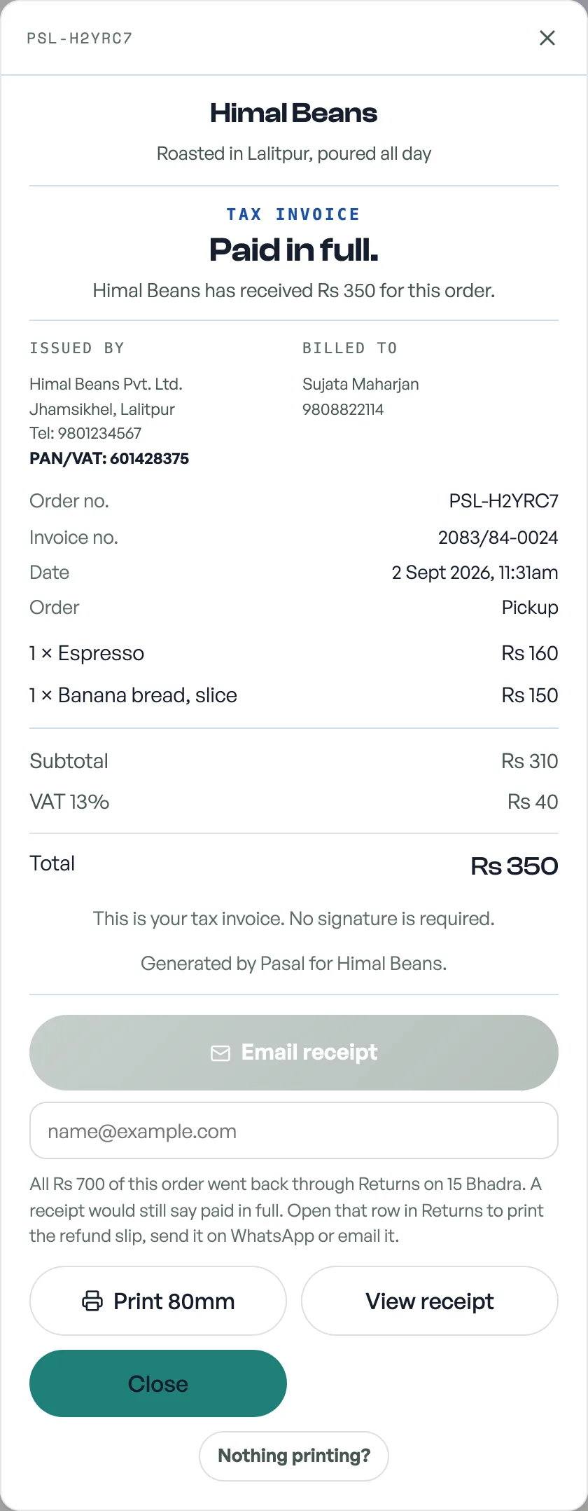 An order document with the Email receipt button and the address it goes to