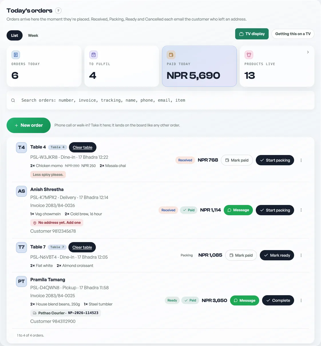 The Pasal dashboard order board with live orders