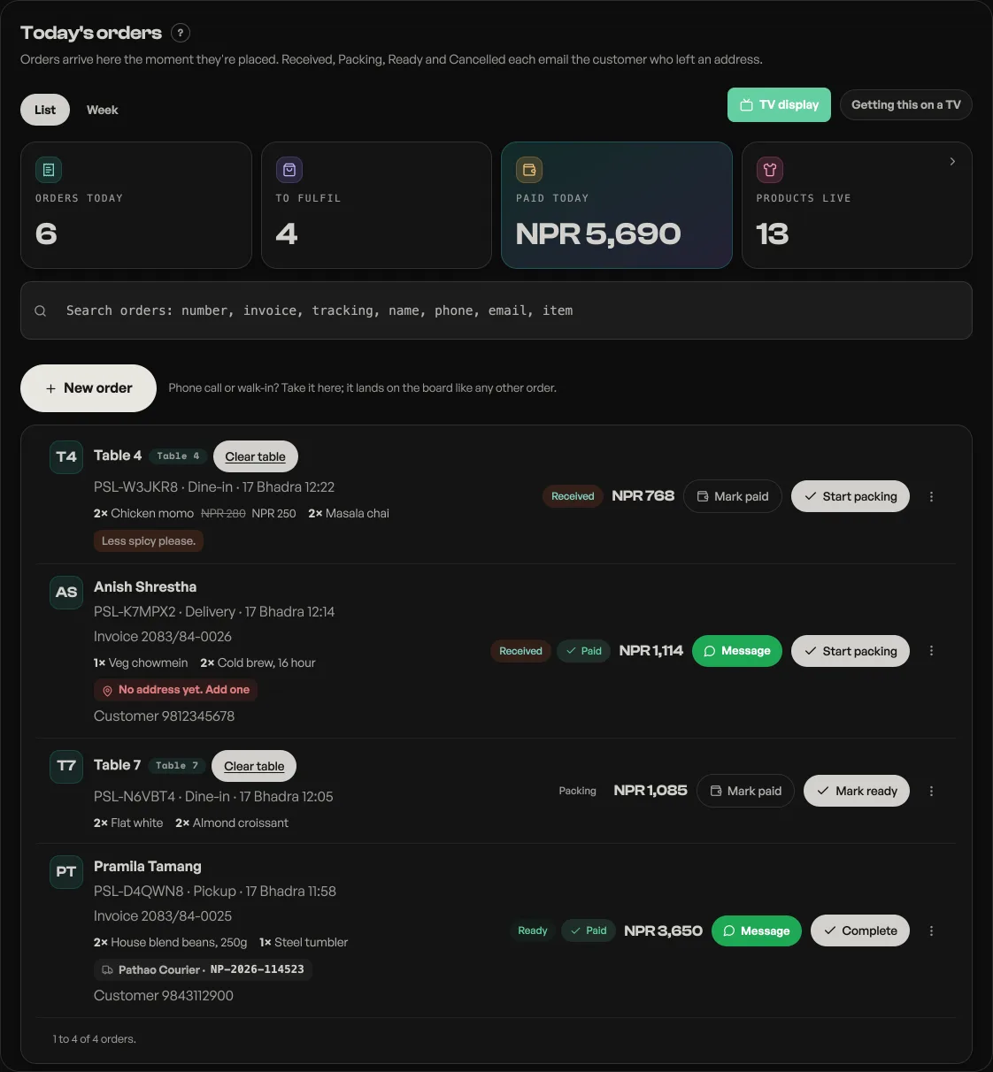 The Pasal dashboard order board with live orders