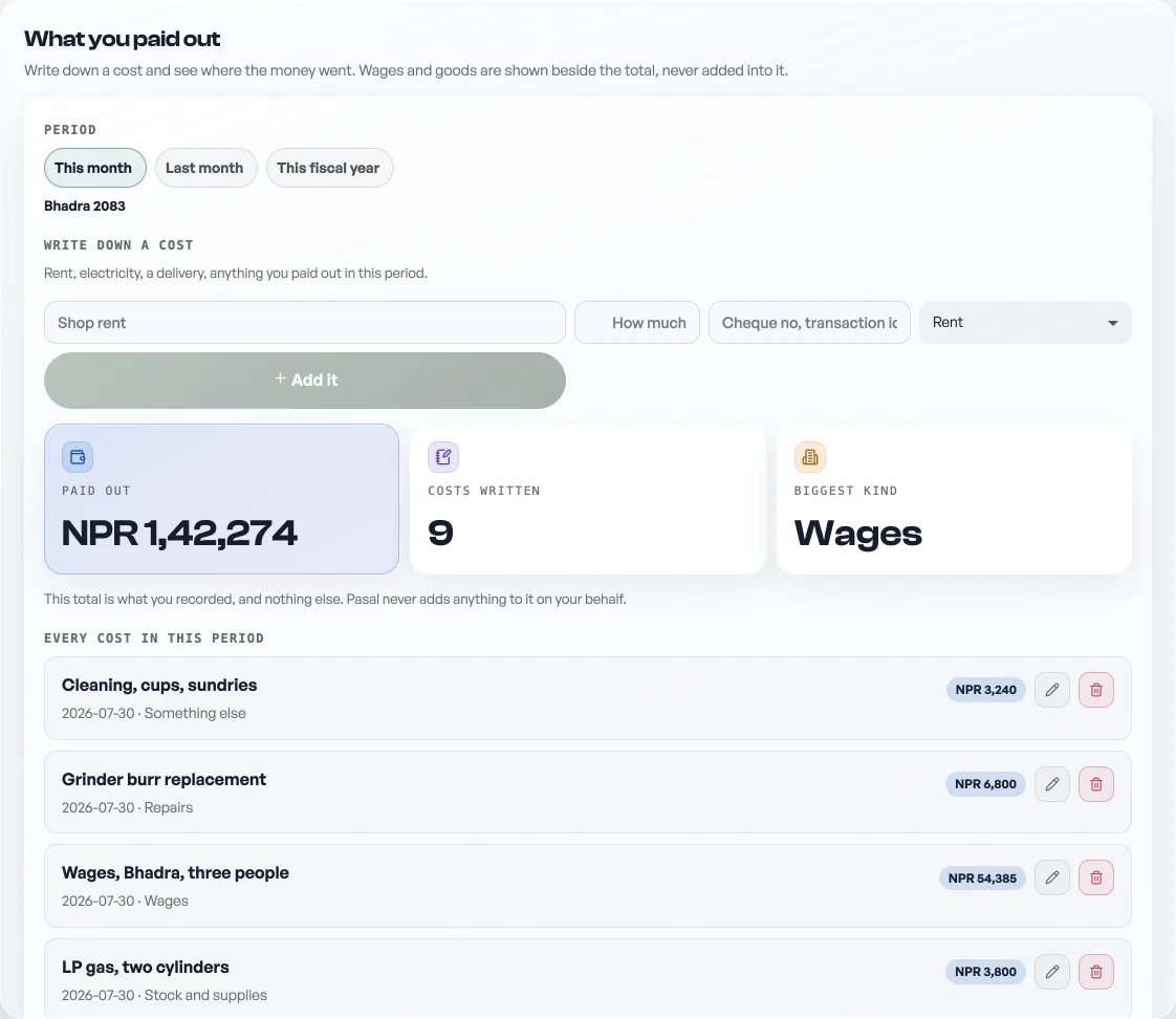 The Paid out tab: a period, a box to write a cost into, the total, and where it went