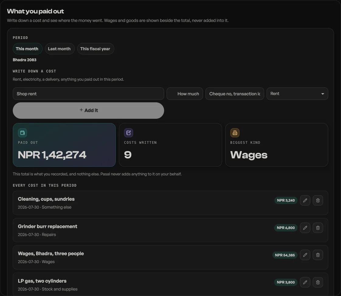 The Paid out tab: a period, a box to write a cost into, the total, and where it went