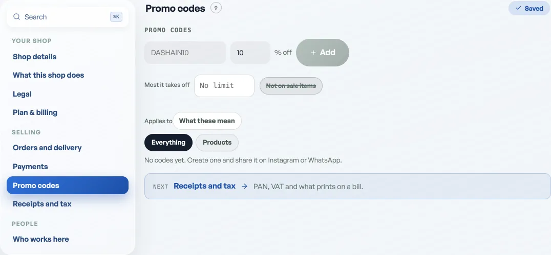 The Promo codes pane on Shop profile with a code form and two codes, one active and one off