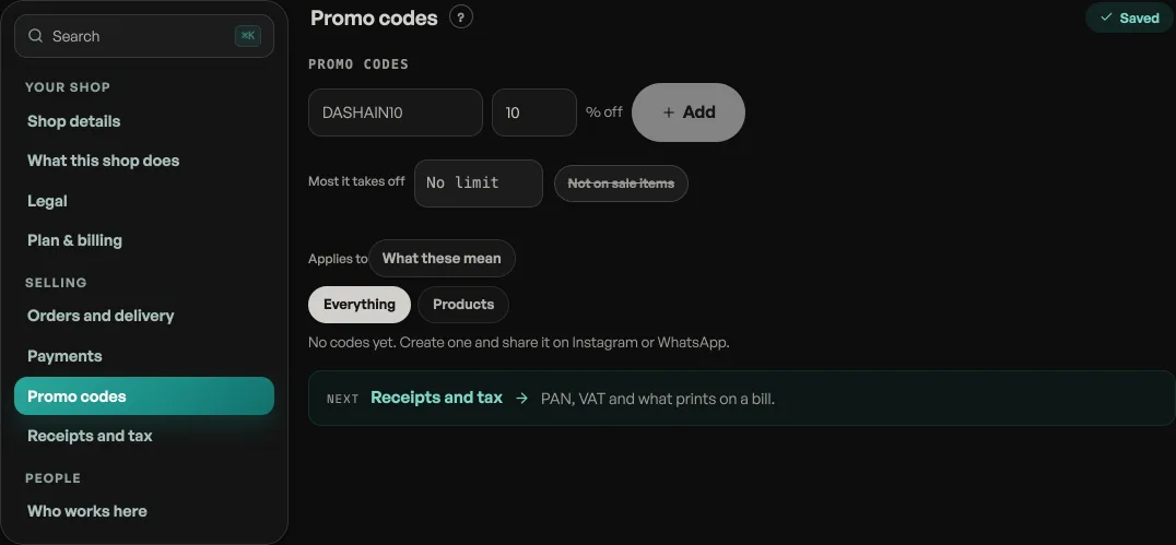 The Promo codes pane on Shop profile with a code form and two codes, one active and one off