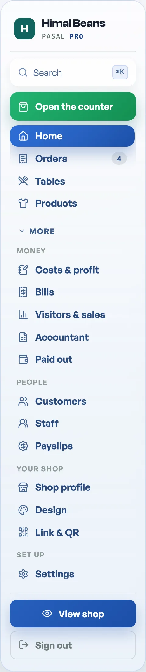 The More fold open, showing the Money, People, Your shop and Set up headings with their rows