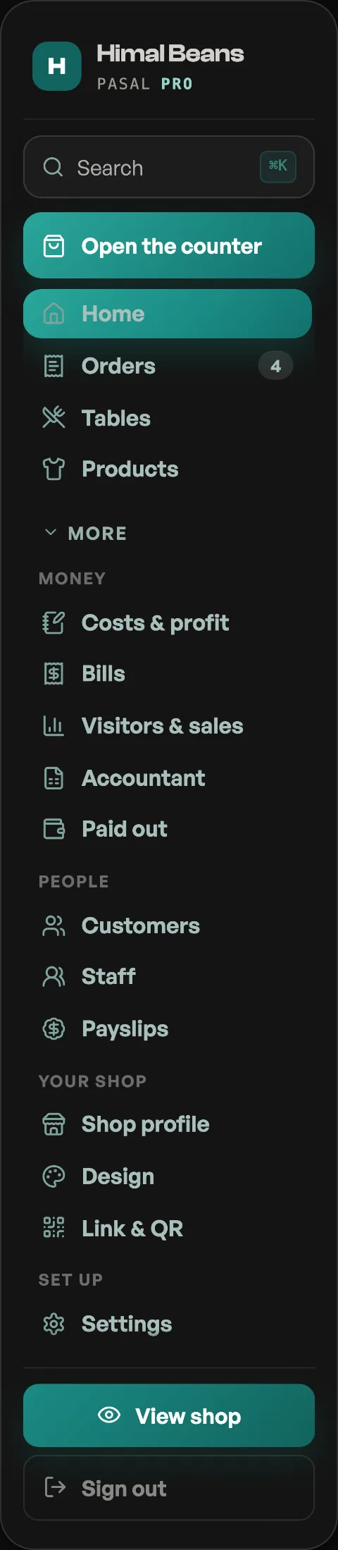 The More fold open, showing the Money, People, Your shop and Set up headings with their rows