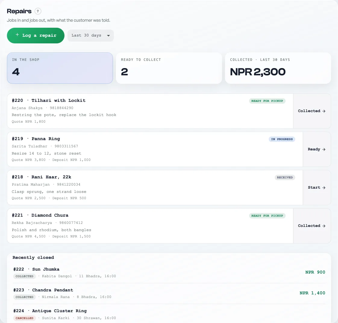 The Repairs tab with jobs moving from received to ready