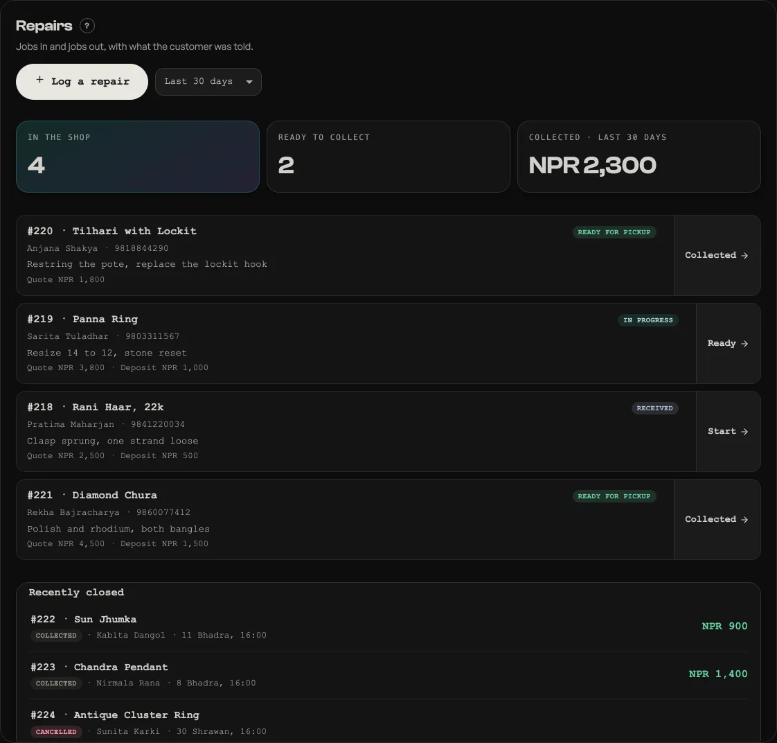 The Repairs tab with jobs moving from received to ready