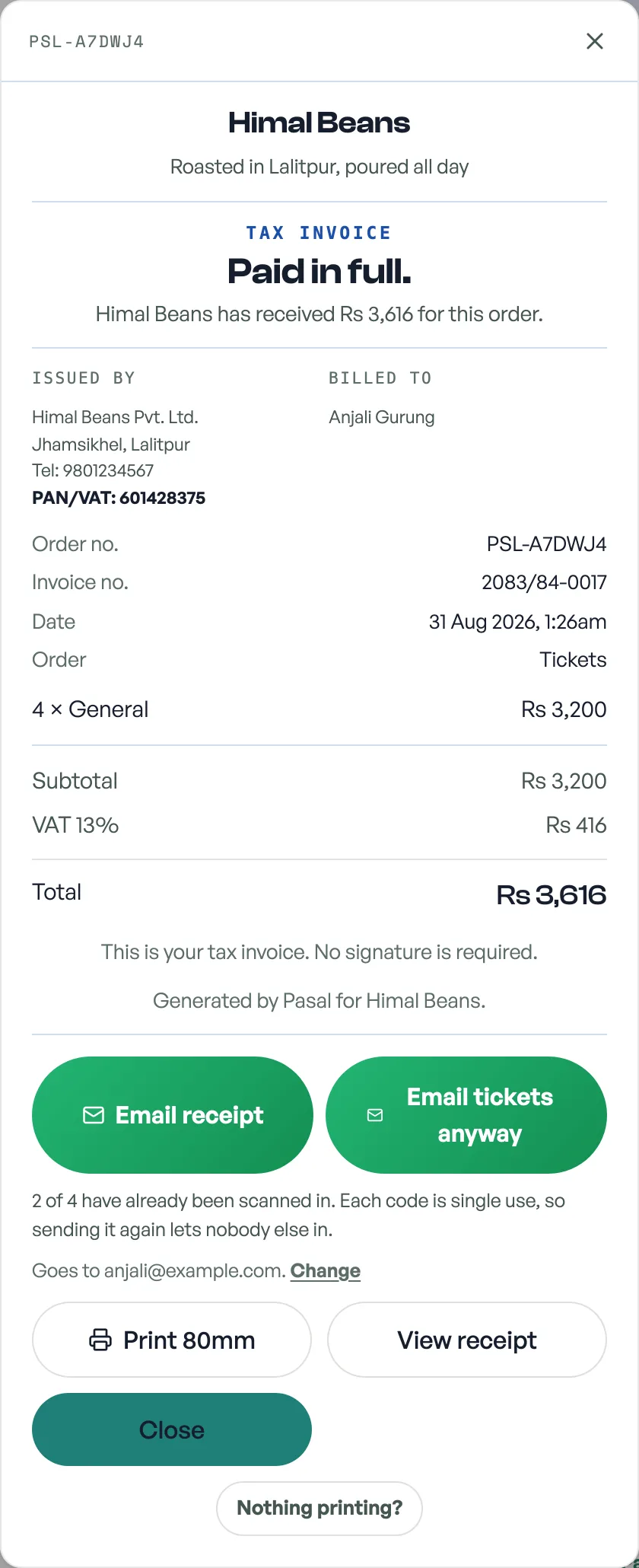 An order document with Email receipt and Email tickets side by side, a warning that two of four seats are already scanned in, and the address underneath