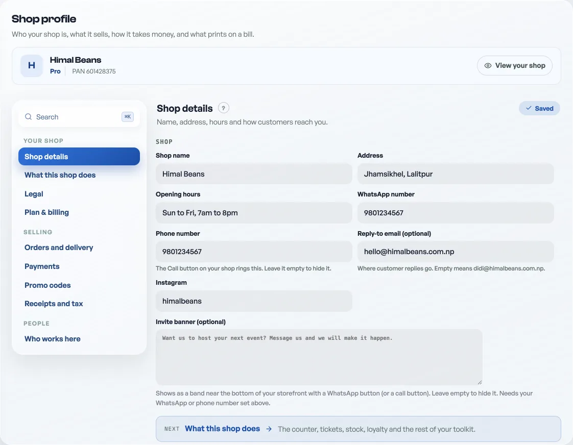 The Shop profile list in three groups, Your shop, Selling and People, with Shop details the first row and its fields open beside it