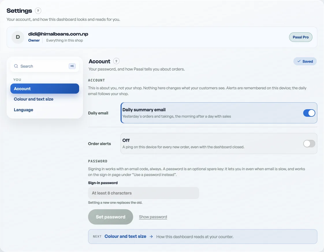 The Settings tab: your email address, Owner and your plan across the top, then a column of three rows, Account, Colour and text size and Language, beside the open Account pane