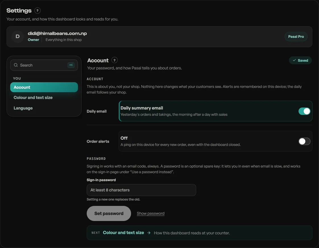 The Settings tab: your email address, Owner and your plan across the top, then a column of three rows, Account, Colour and text size and Language, beside the open Account pane