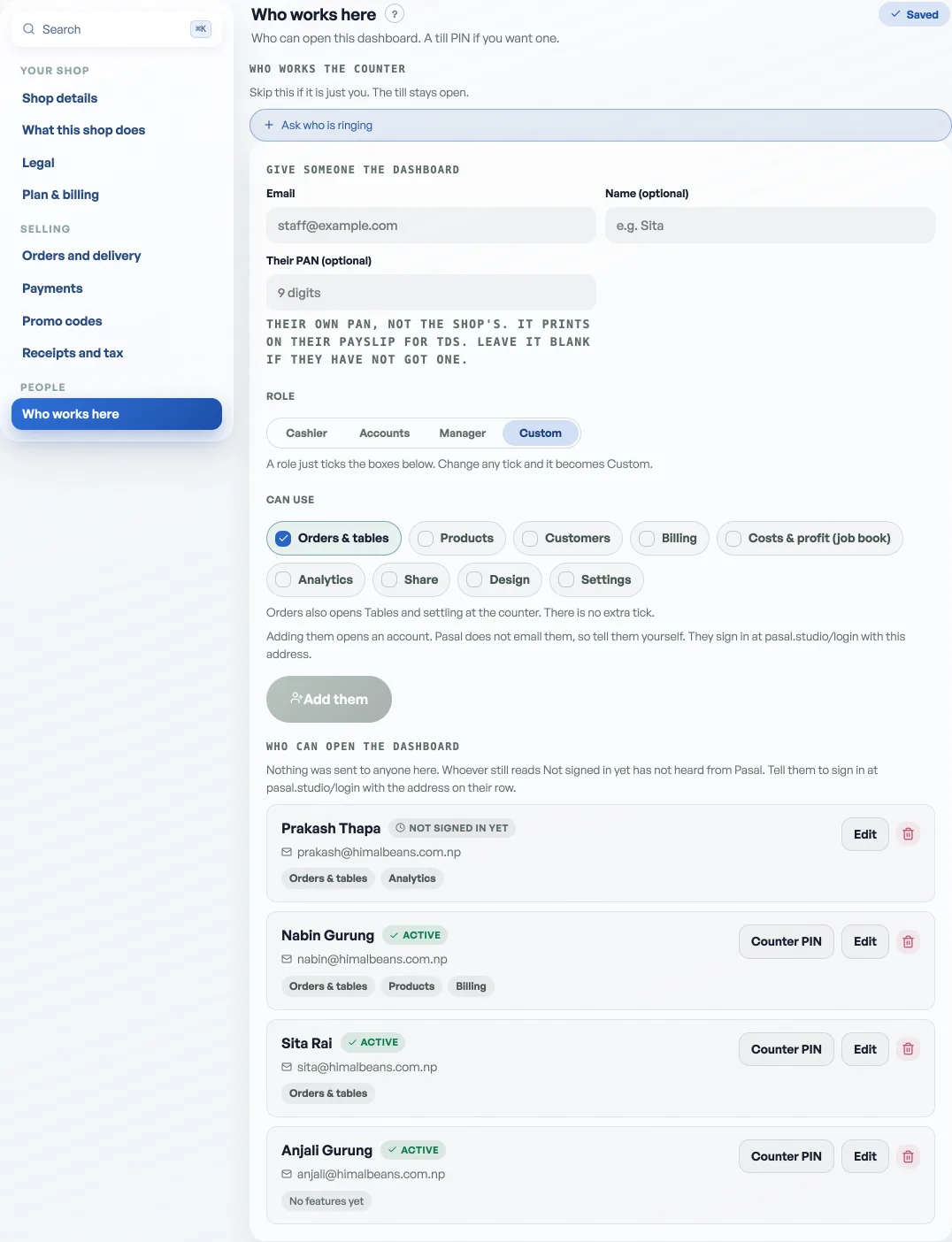 Shop profile, Who works here, listing team members and their permissions