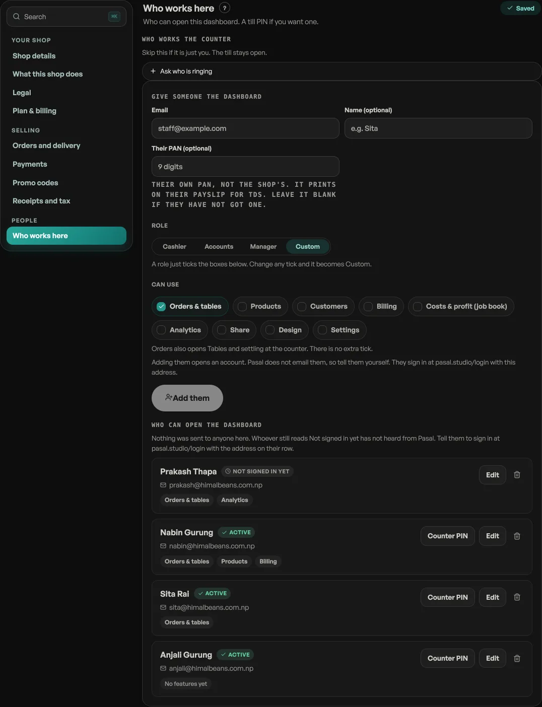 Shop profile, Who works here, listing team members and their permissions