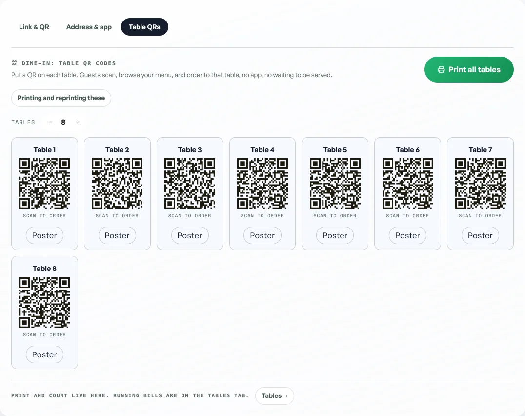 The Table QRs pane: a table count of 8, and a card for each table numbered 1 to 8, every one carrying its own QR, the words Scan to order, and a Poster button