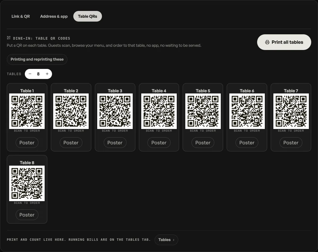 The Table QRs pane: a table count of 8, and a card for each table numbered 1 to 8, every one carrying its own QR, the words Scan to order, and a Poster button