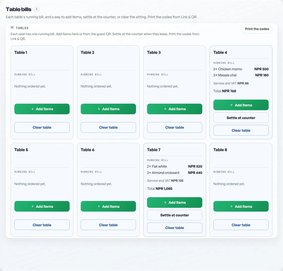 The Table bills tab: a card for each of eight tables, most reading Nothing ordered yet, two carrying their lines and a total, and every card offering Add items and Clear table