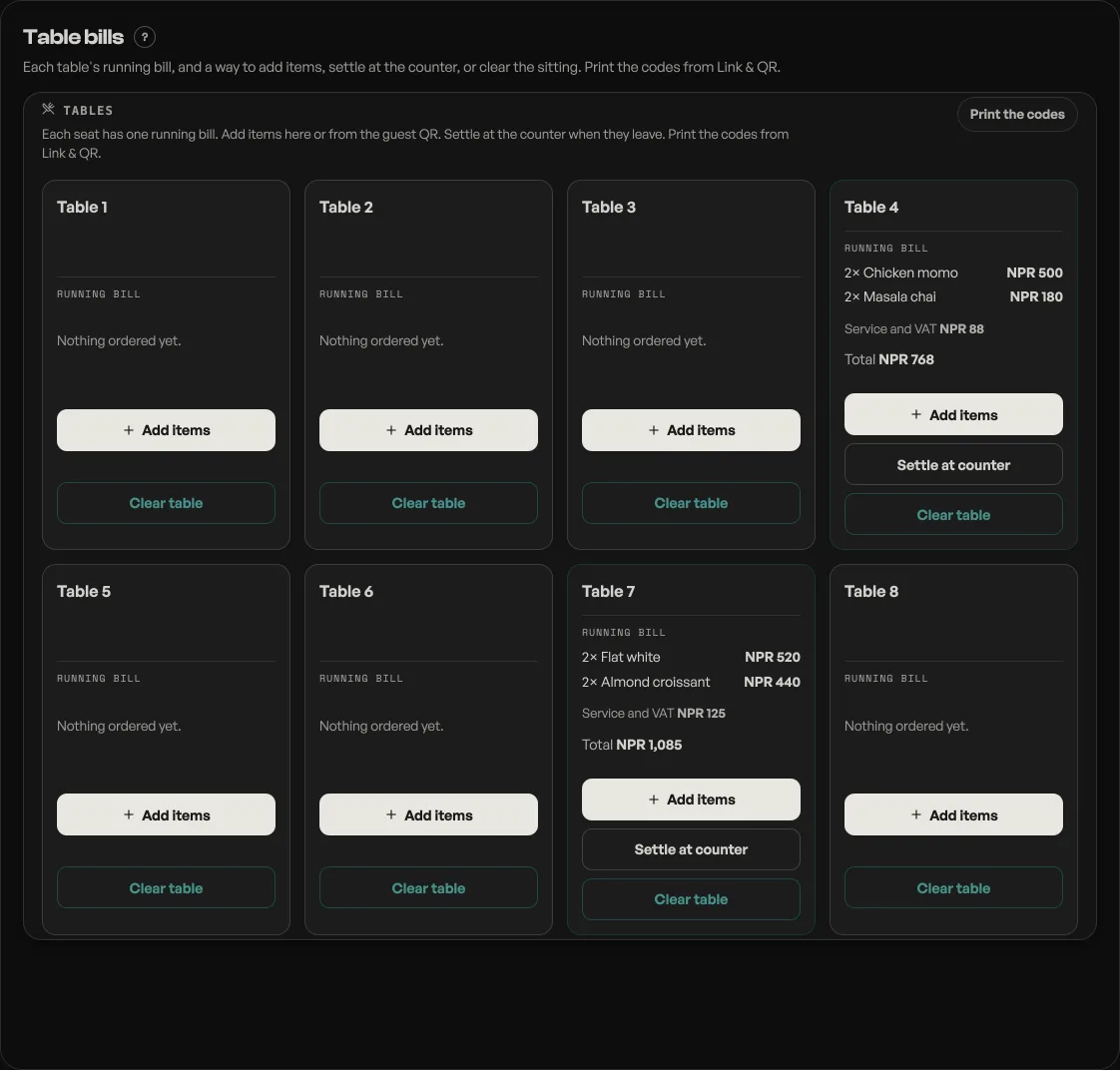 The Table bills tab: a card for each of eight tables, most reading Nothing ordered yet, two carrying their lines and a total, and every card offering Add items and Clear table