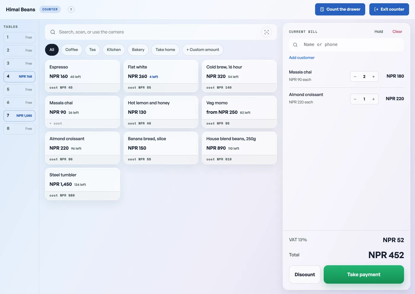 The counter: a search box with a camera button, category buttons, product tiles carrying the price and how many are left, and the current bill down the right with two lines, a total of NPR 400, Discount and Take payment