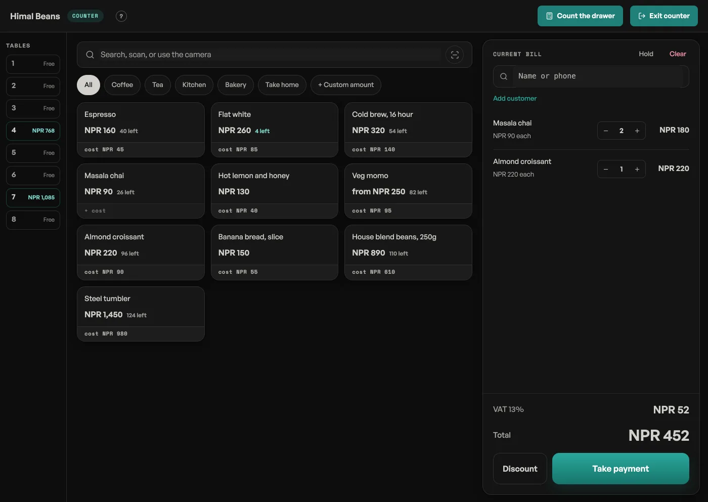 The counter: a search box with a camera button, category buttons, product tiles carrying the price and how many are left, and the current bill down the right with two lines, a total of NPR 400, Discount and Take payment