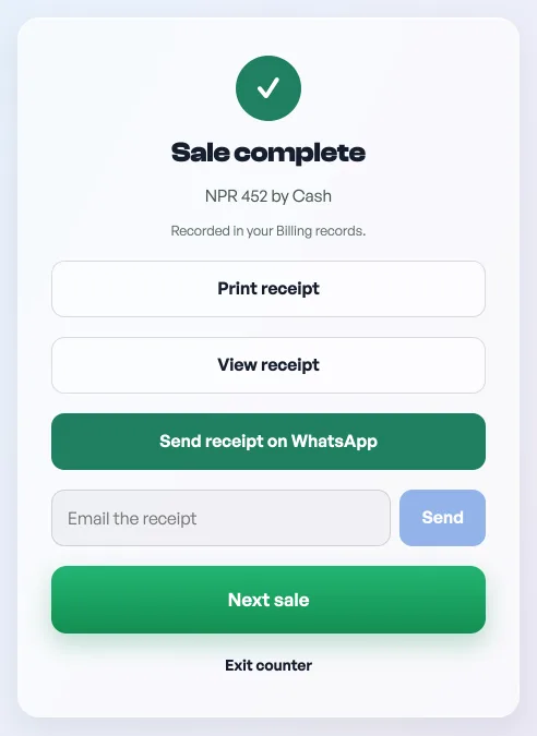 The counter's Sale complete screen: NPR 400 by Cash, then Print receipt, View receipt, Send receipt on WhatsApp, a box to email it, and Next sale