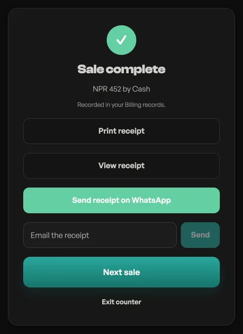 The counter's Sale complete screen: NPR 400 by Cash, then Print receipt, View receipt, Send receipt on WhatsApp, a box to email it, and Next sale