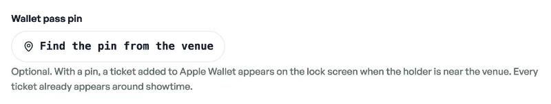 The Wallet pass pin field in the event editor, with a button to find the pin from the venue